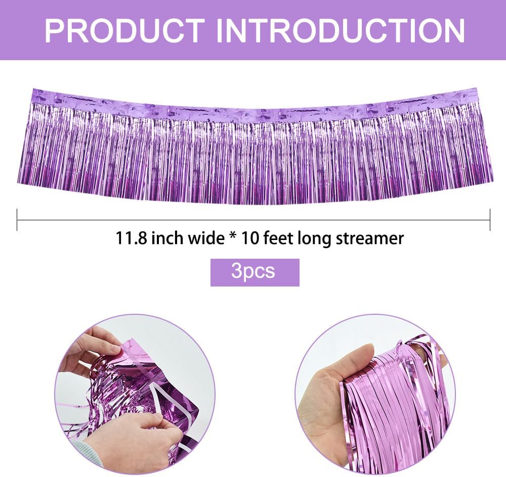 BEISHIDA 3 Packs Metallic Foil Fringe Garland Light Purple Wall Hanging Tinsel Fringe Banners for