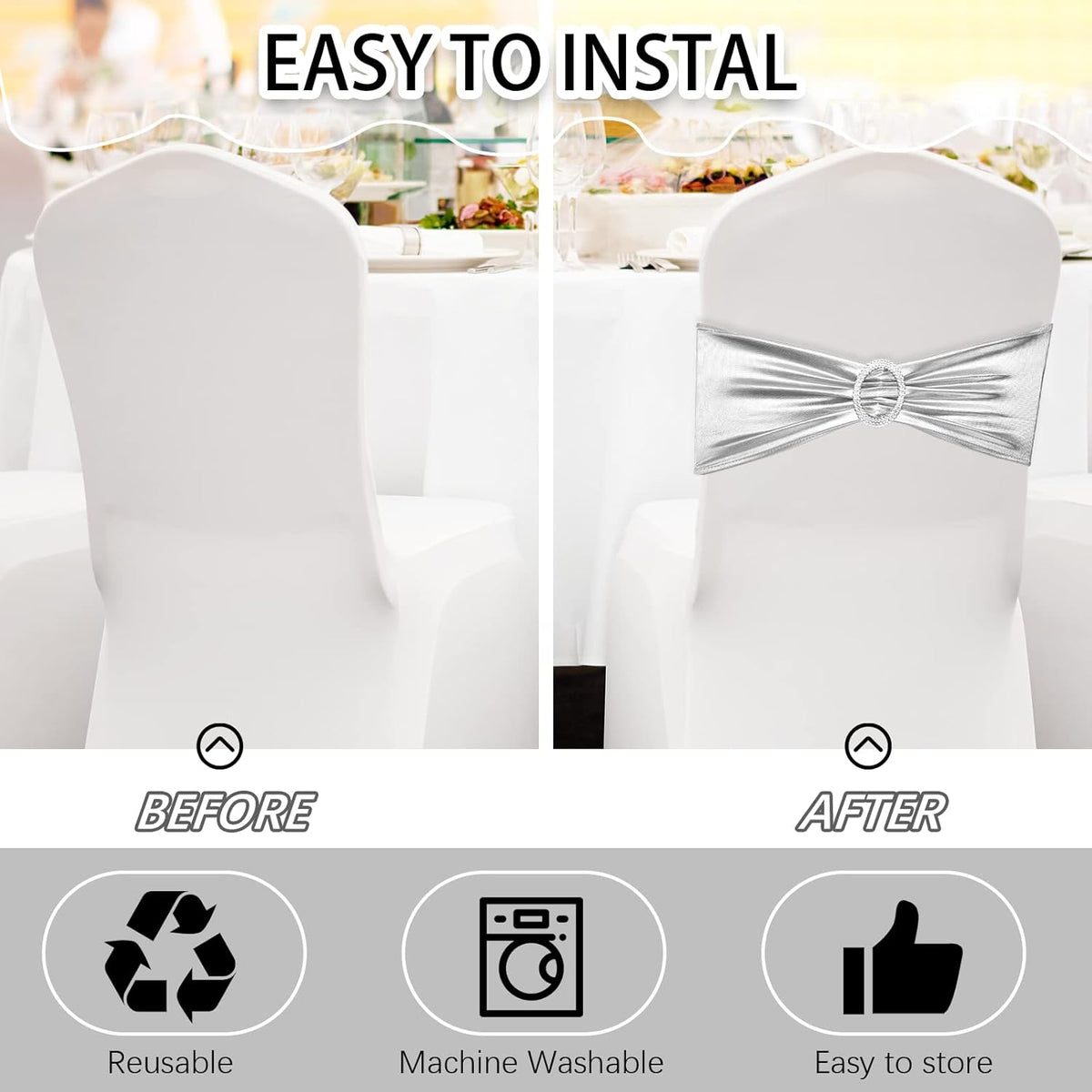 CHENGU 150 Pieces Spandex Stretch Chair Sashes Bows Elastic Chair Cover Bands Ties with Buckle