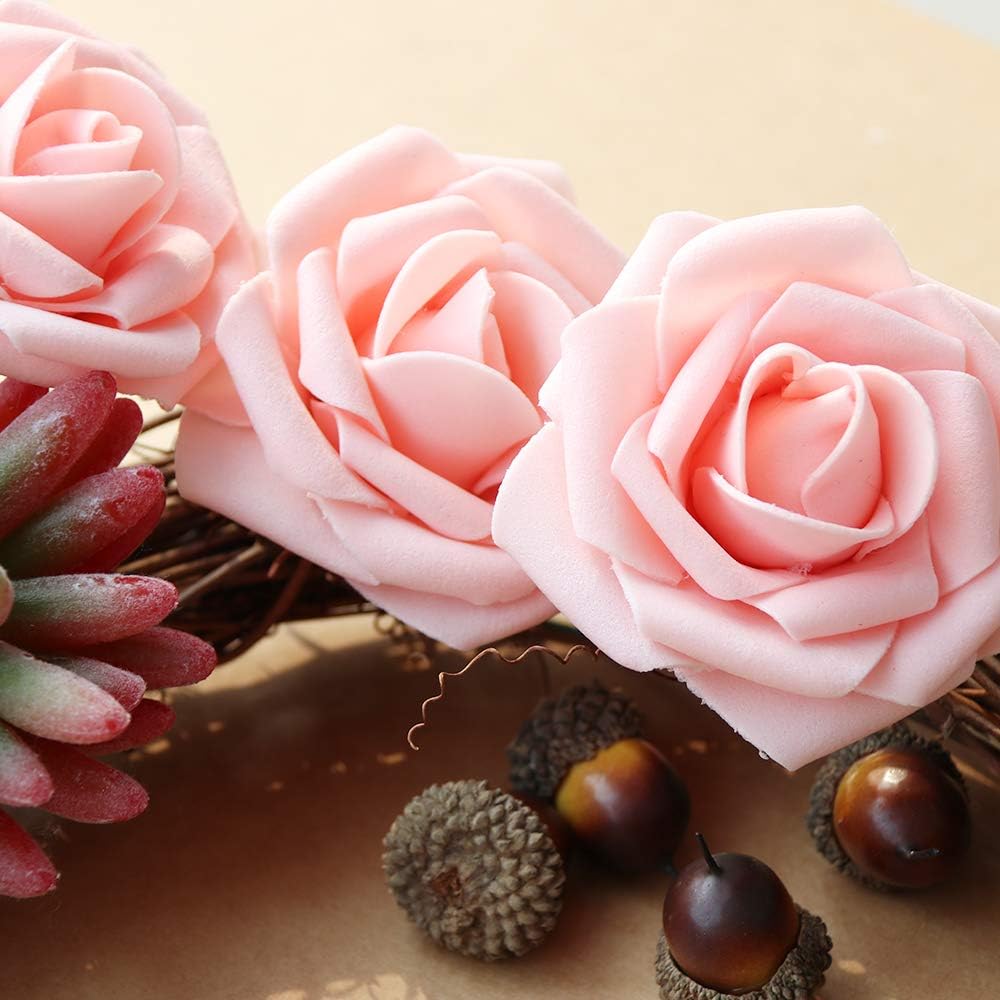 AmyHomie Artificial Flower 50pcs Real Looking Fake Roses w/Stem for DIY Wedding Bouquets