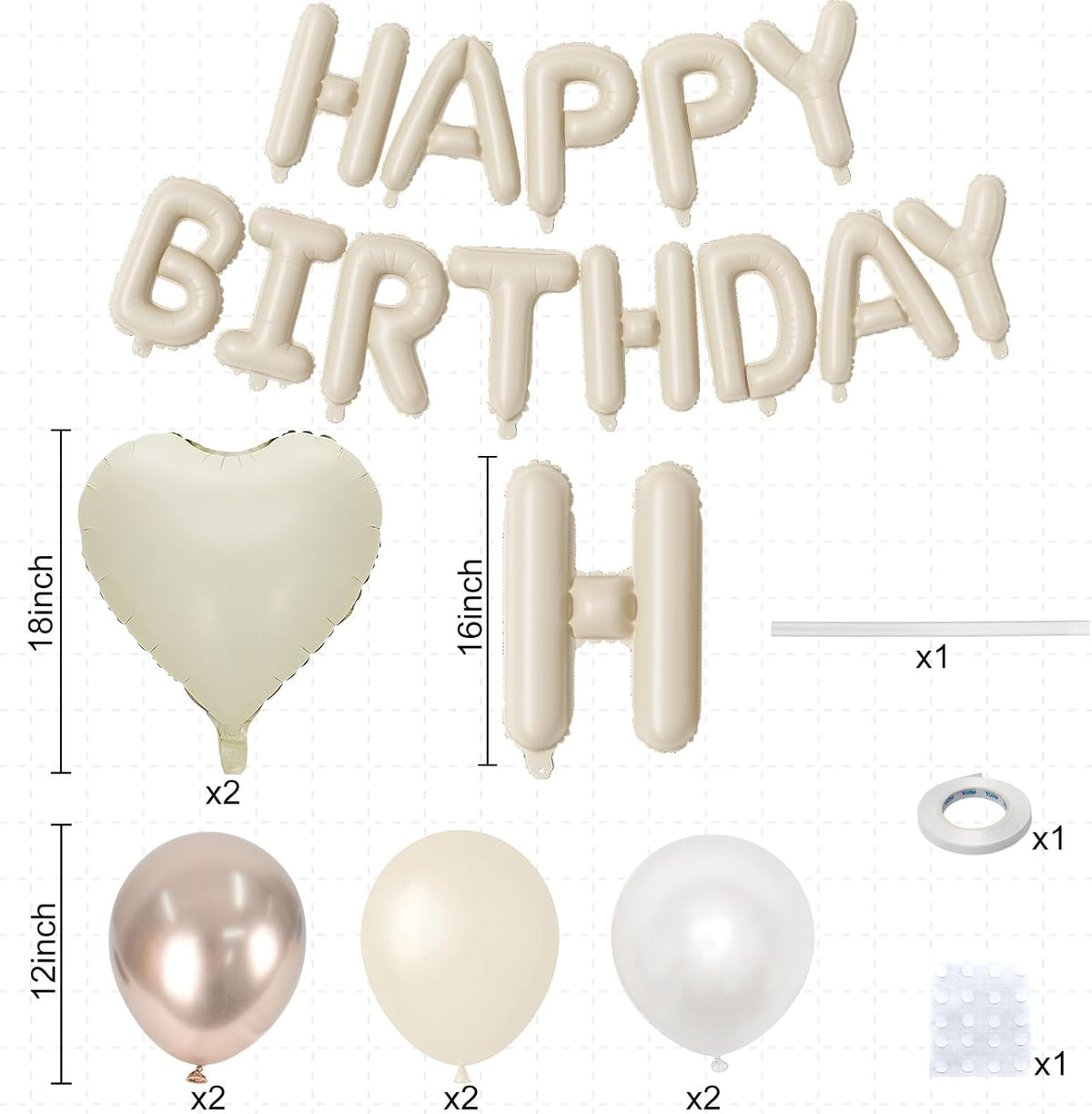 Happy Birthday Balloon Banner Cream, 16 Inch Beige Mylar Letters Heart Foil Balloons Pearl White