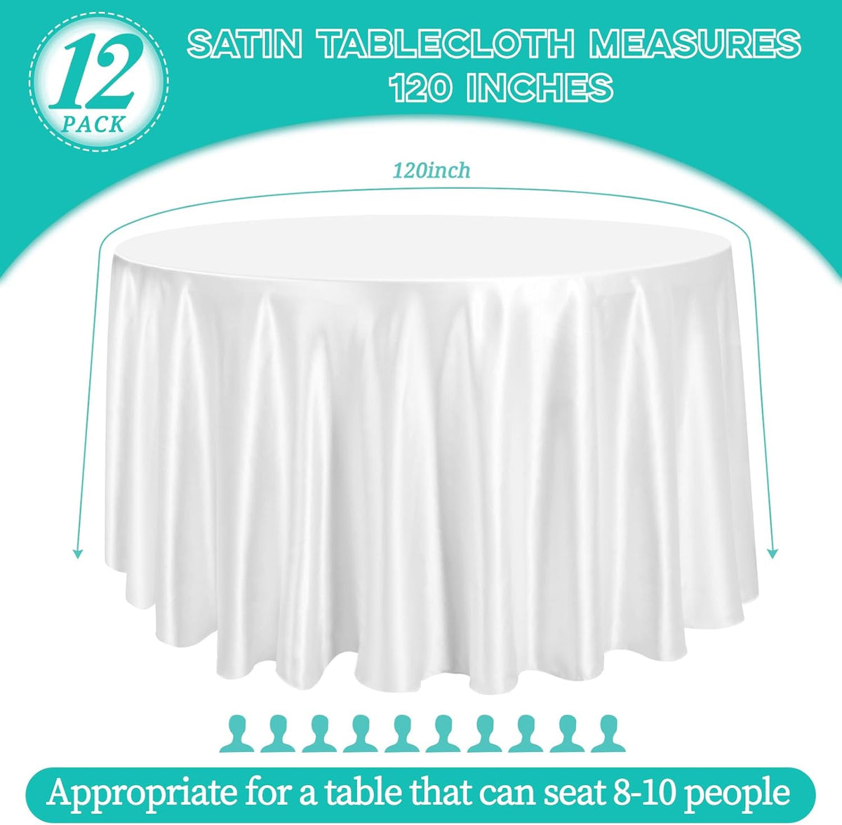 12 Pack 120 Inch White Satin Tablecloth - Premium Bright Silky Round Tablecloth Overlay Smooth