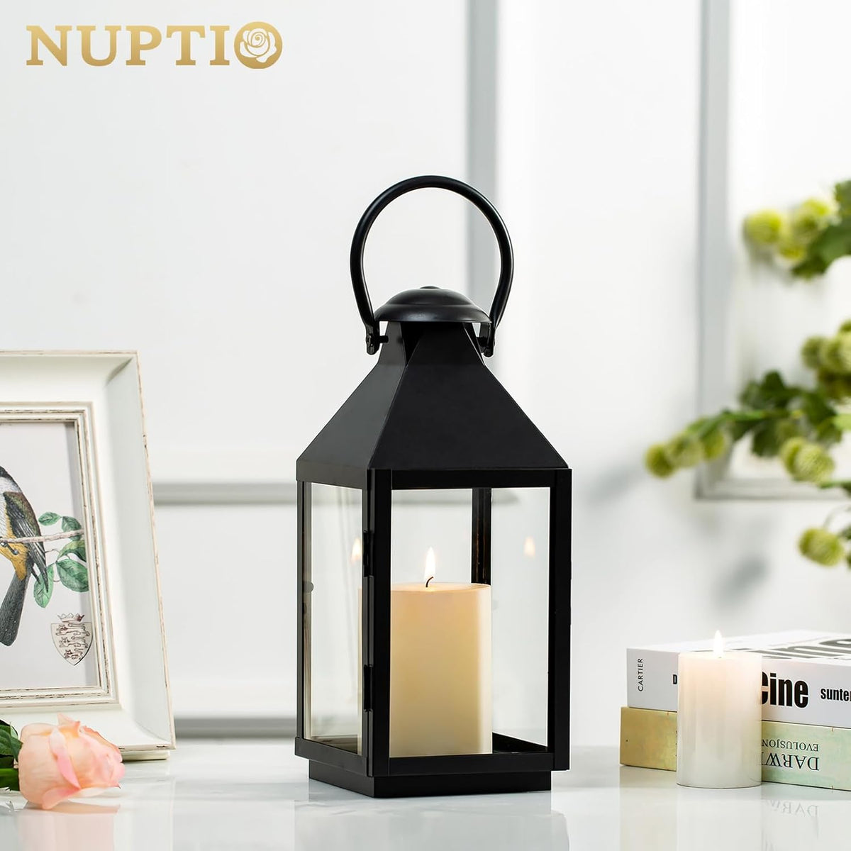 NUPTIO Black Decorative Candle Lantern: Metal Pillar Candle Holders for Table Centerpiece - 10.2in