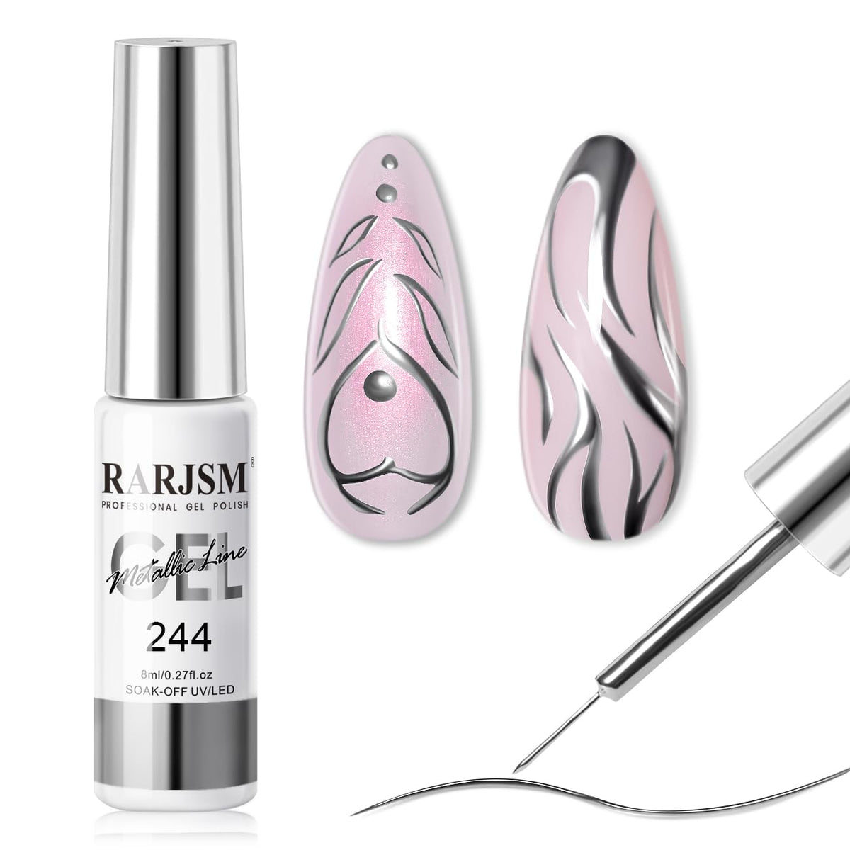 RARJSM Metallic Silver Gel Liner Nail Art 3D Mirror Chrome Effect Gel Nail Polish 8ml Build in Thin