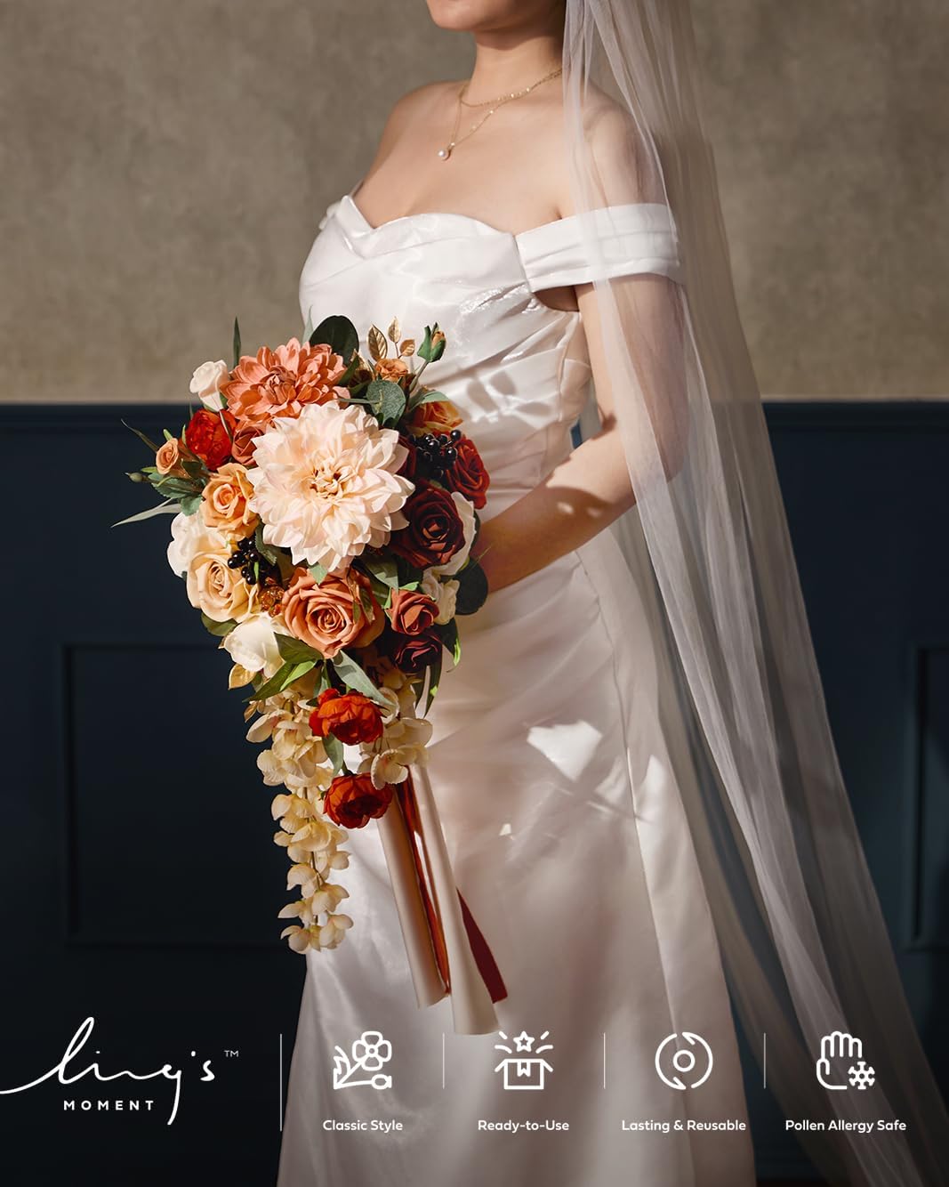 Ling's moment Terracotta Bridal Bouquet Cascading, Orange Wedding Bouquets for Bride, 13 Inch Bride