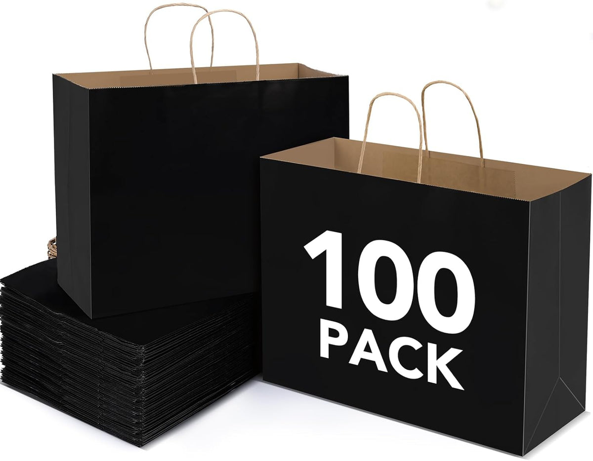 BURVAGY 16x6x12 Inch 100 Pcs Kraft Paper Bags with Handles Bulk, Kraft Shopping Black Large