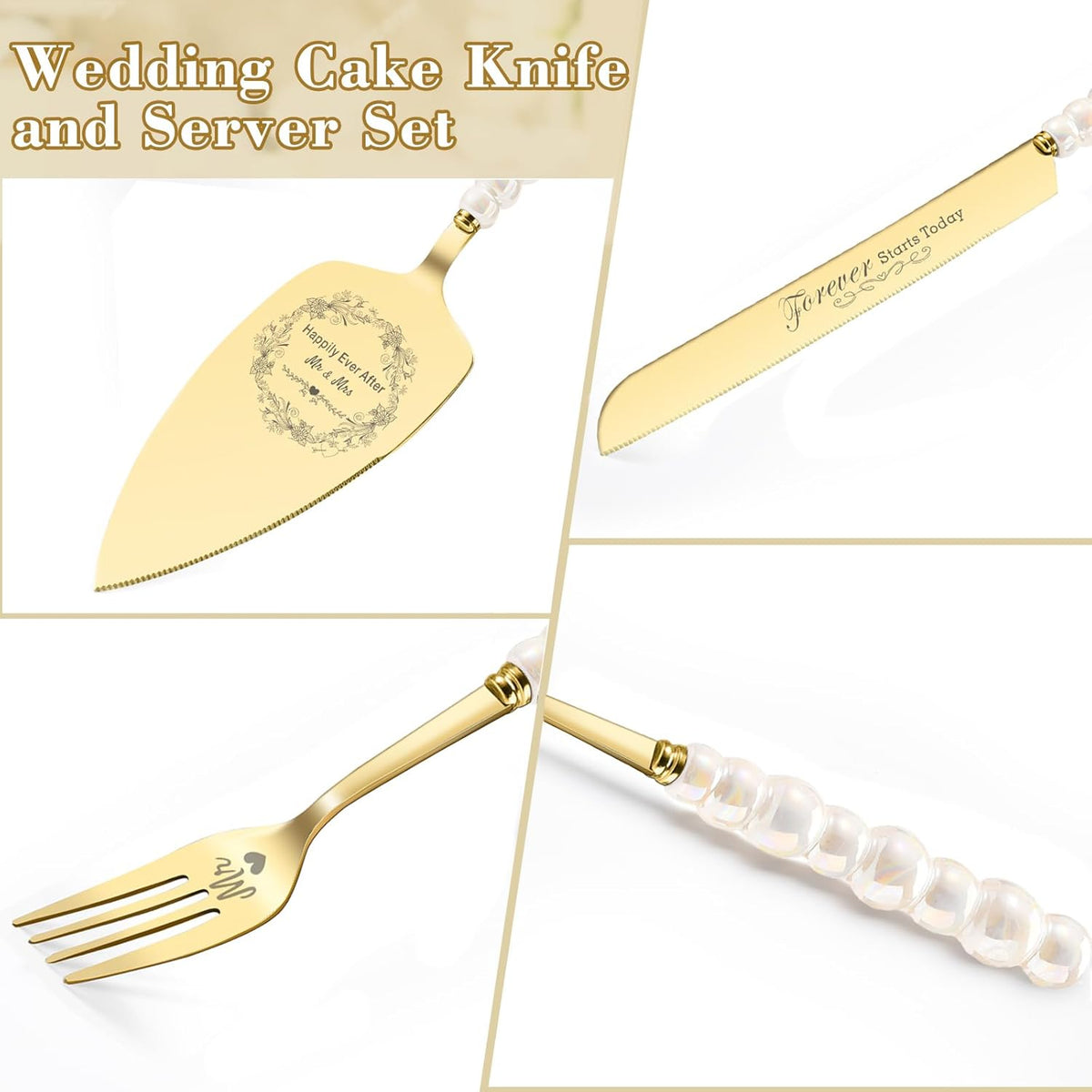 Wedding Cake Knife and Server Set,Gold Cake Cutting Set for Wedding,Ceramic Pearl Handle Wedding