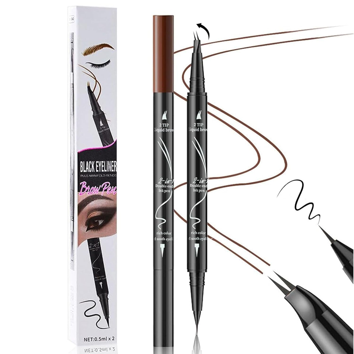 Curved 2 Tip Eyebrow Pen-Light Brown Eyebrow Pencil With Black Eyeliner 2-in-1 Dual-Ended Create