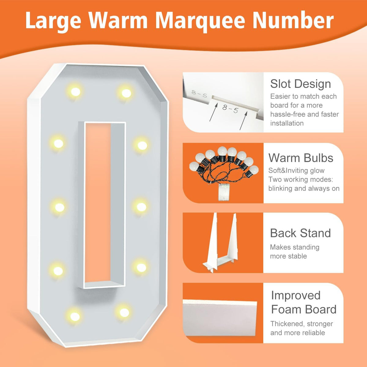 4FT Light Up Marquee Numbers, 4 Feet Tall Light Up Number 0, Mosaic Cardboard Numbers Signs for