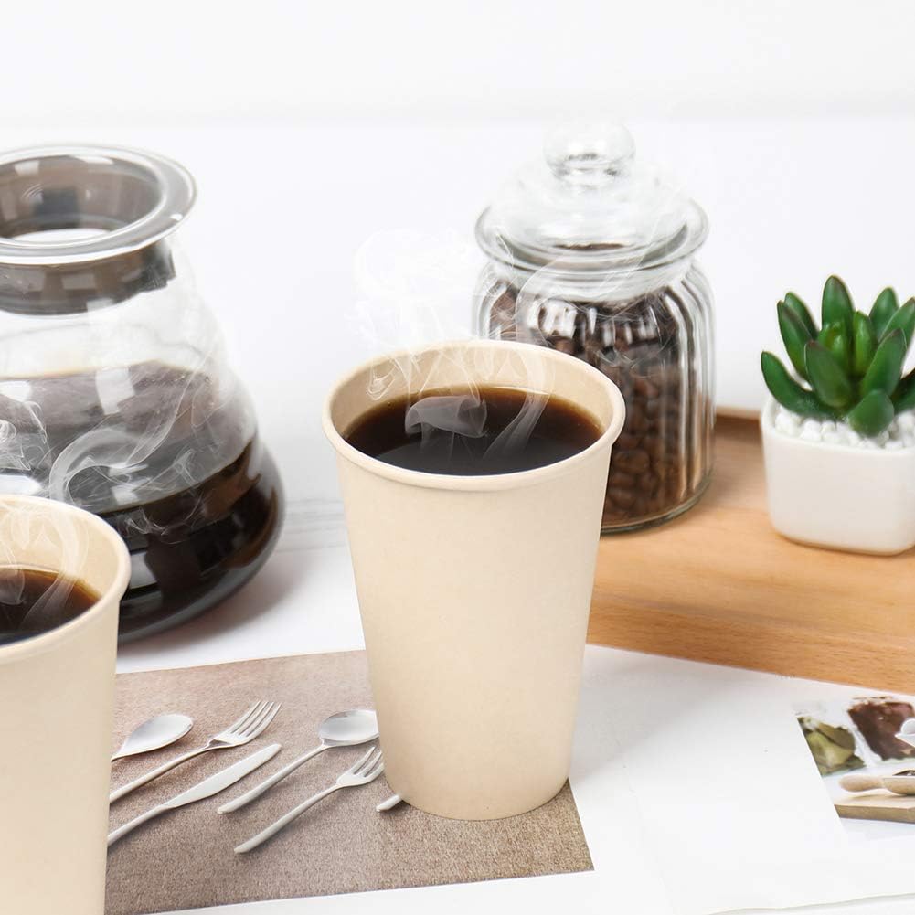100 Count 12 oz Plant Fiber Disposable Light Brown Paper Coffee Cups, Perfect for Hot Drink, Hot