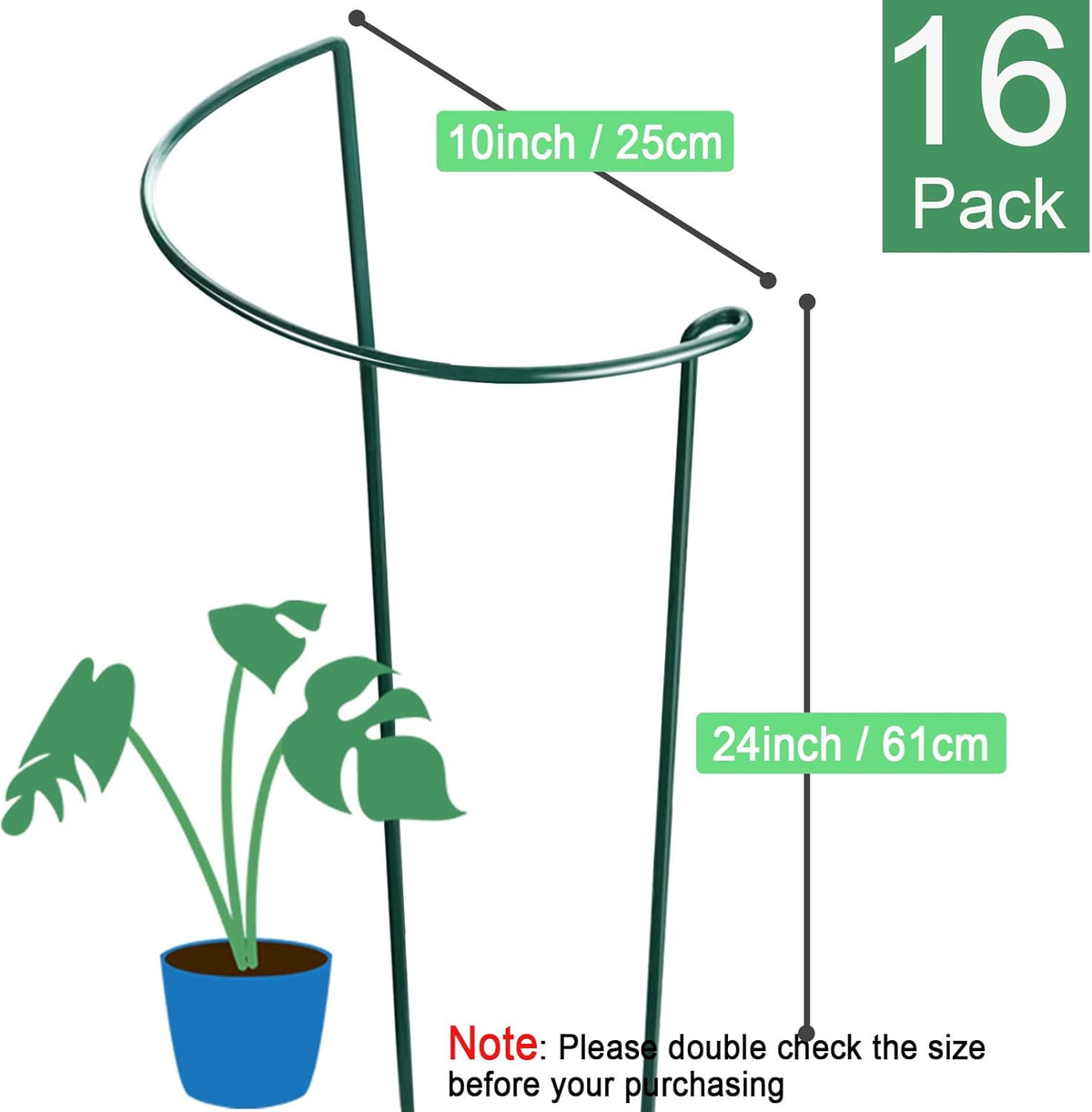 HiGift 16 Pack 24 Inch Plant Support Stakes, 10" Wide x 24" High Half Round Metal Garden Plant