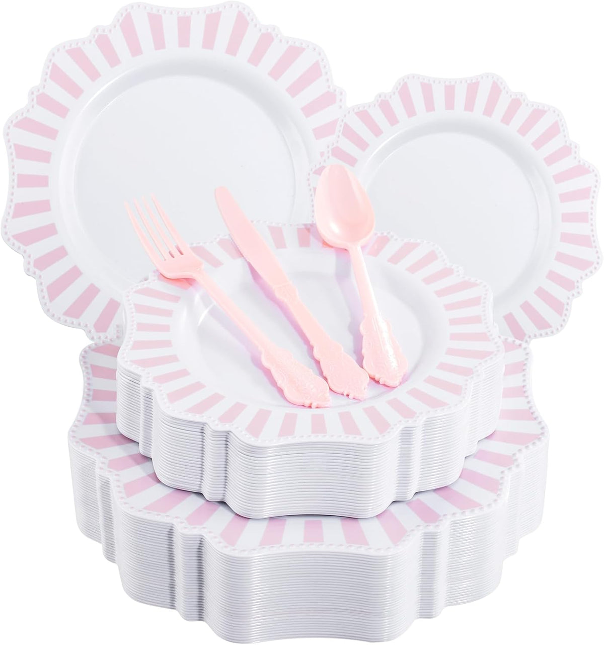 COLOSUS 150pcs Disposable Pink and White Stripped Plastic Plates and Silverware set, Light Pink