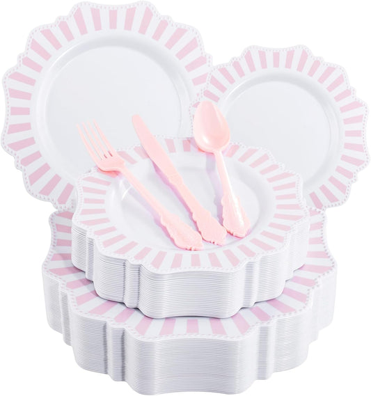 COLOSUS 150pcs Disposable Pink and White Stripped Plastic Plates and Silverware set, Light Pink