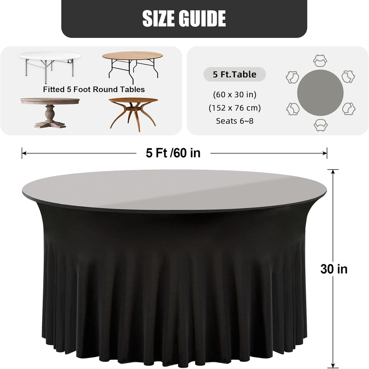 8 Pack Black Round Spandex Tablecloth 60 Inch, Wrinkle Free Stretch 120 Inch Fitted 5ft Black Table