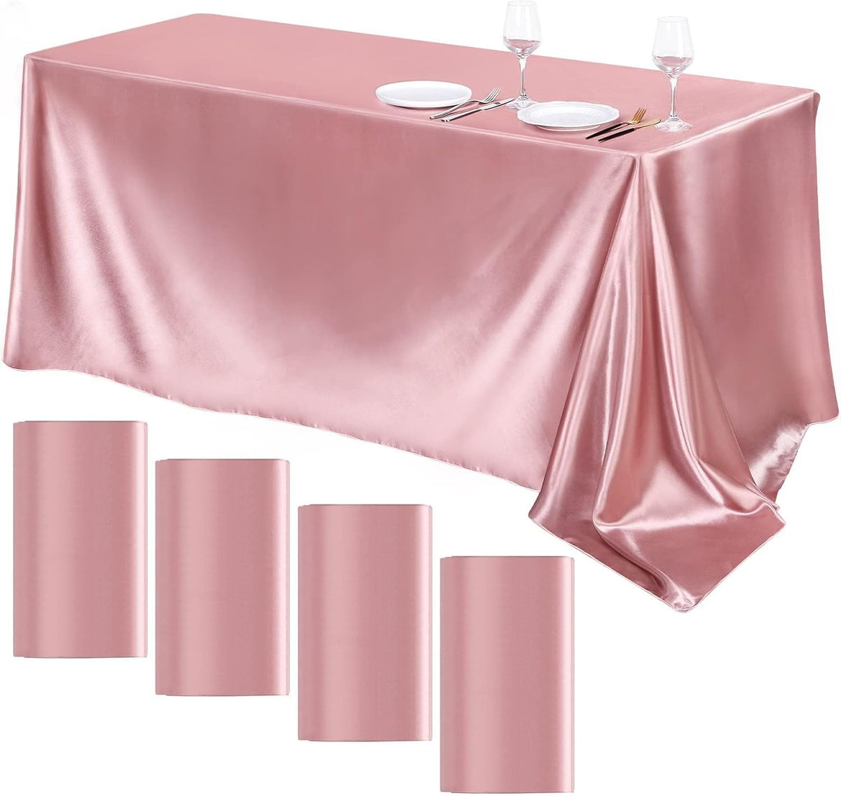 TURSTIN 4 Packs Rose Gold Satin Tablecloth 102 x 58 Inch Overlay Satin Table Cover Rectangle Bright