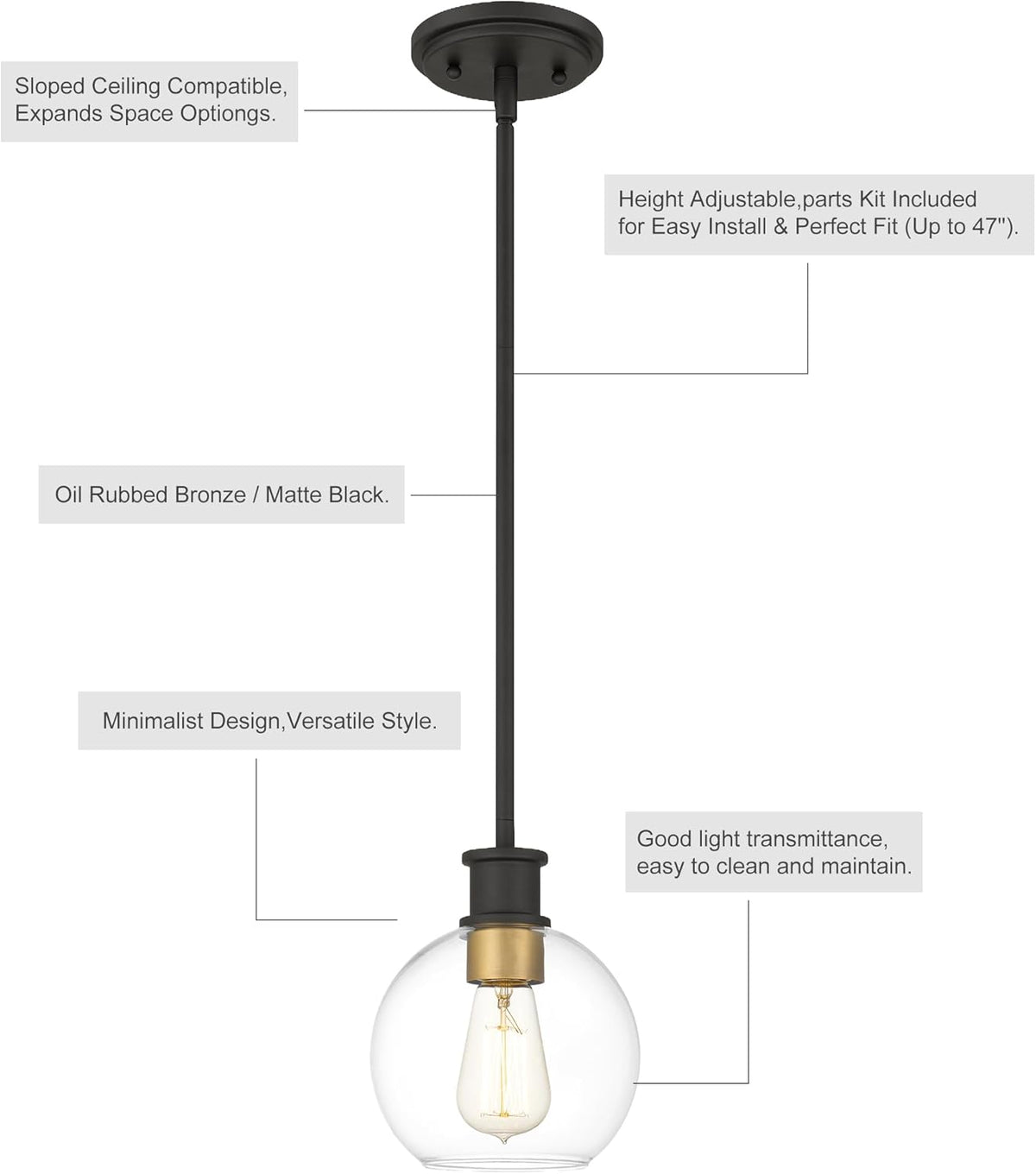 Black and Gold Pendant Light, Modern Globe Pendant Light, Island Pendant Lights with 6.5 inch Clear