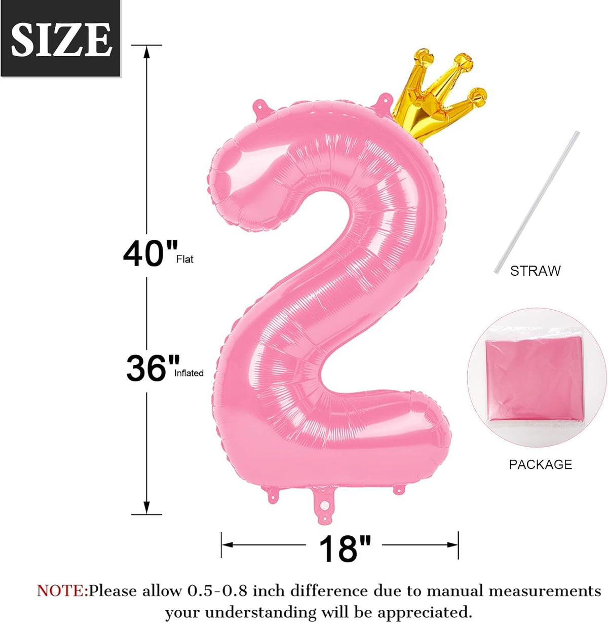 40 Inch Pink Number Balloon 0-9(Zero-Nine) with Crown, Big Size Happy Birthday Balloon, Foil Helium