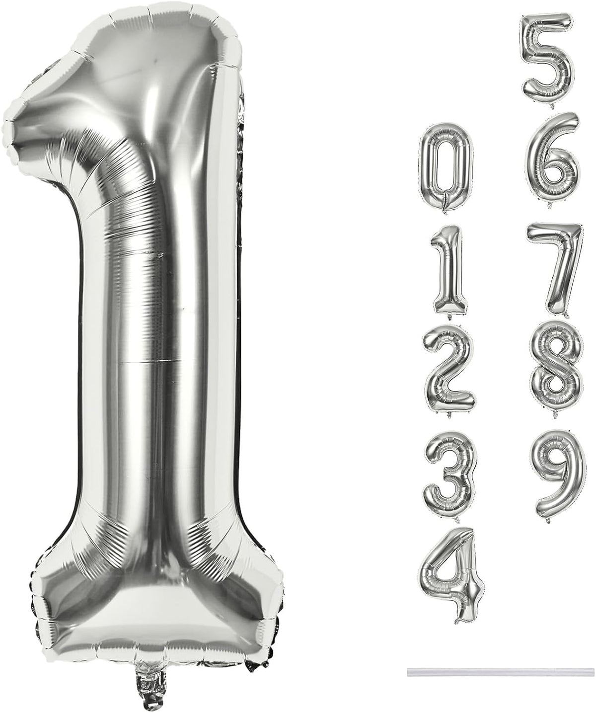 Silver 1 Balloon Number, 40 Inch Giant Helium Foil Number 0-9 for Boys Girls, Self Inflating 1st