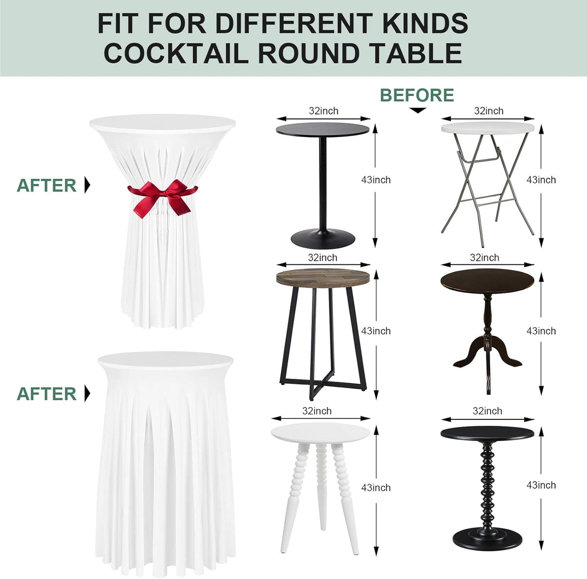 Cocktail Table Covers - 2 Pack 32"x 43" White Cocktail Table Tablecloth with Natural Wavy Round