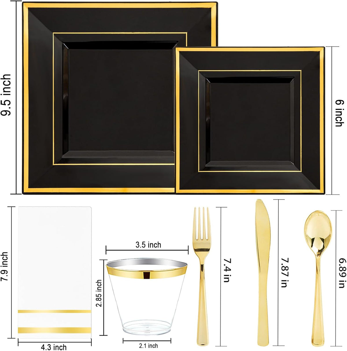 Festiva 350Pcs Black and Gold Plastic Plates-50Guests Disposable Square Black Dinnerware Set