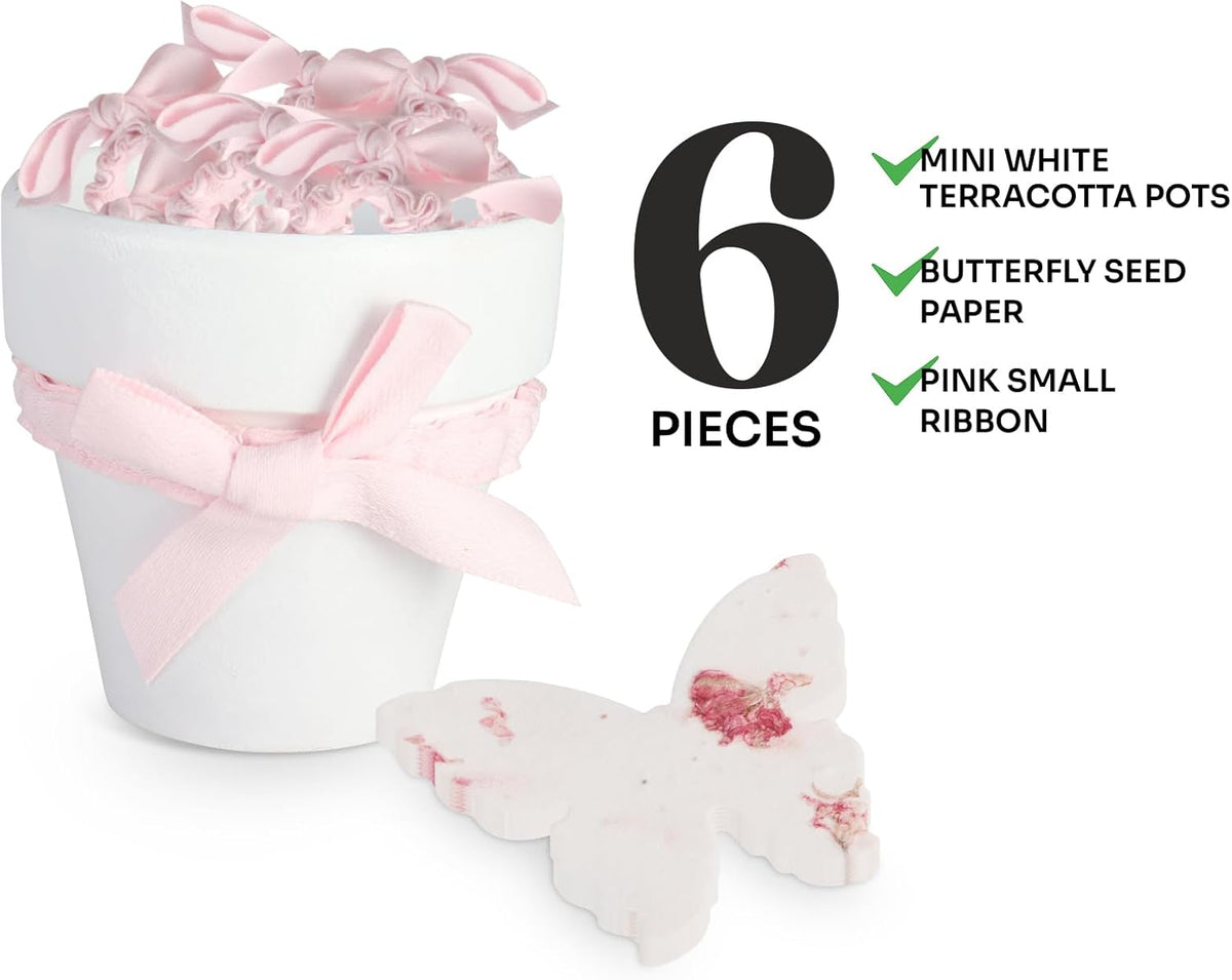 Set of 6 Seed Paper – 6 Pink Butterflies & 6 White Pots with Bow for Baby Shower, Gender Reveal