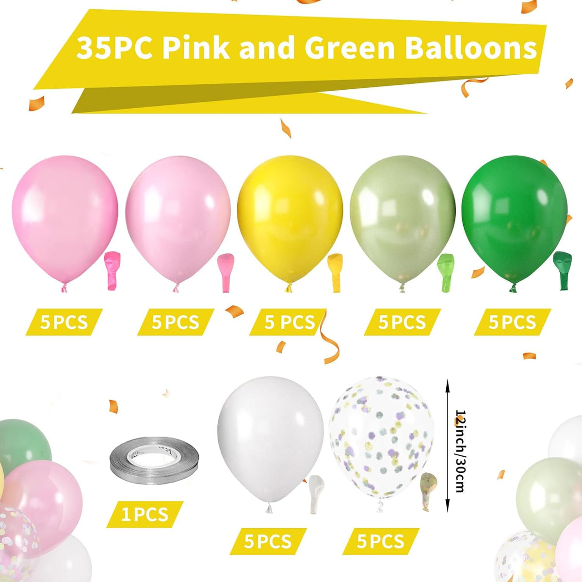 Hawaiian Balloons, Tropical Balloons Green Pink White Yellow Balloon Confetti Balloon for Beach