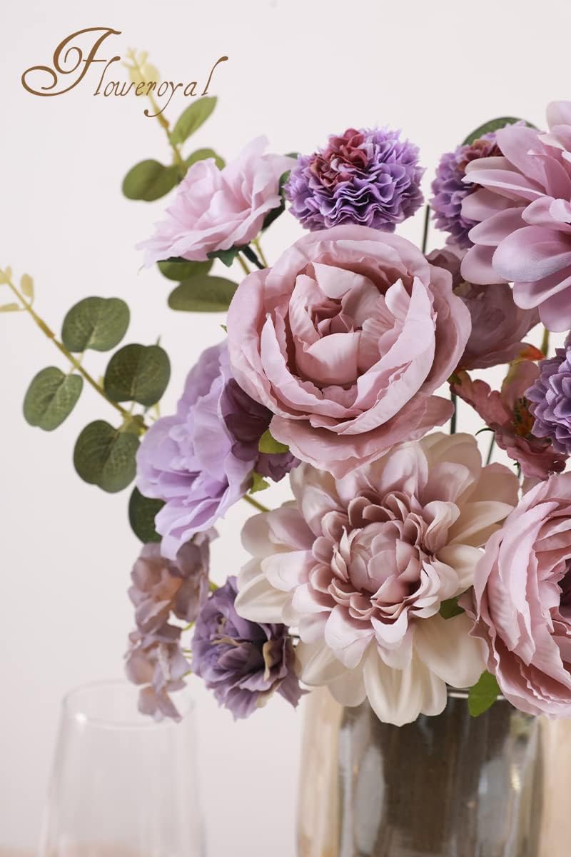 Floweroyal Artificial Flowers Combo Purple Flowers Mix Silk Flowers Dahlia Roses with Stems for DIY