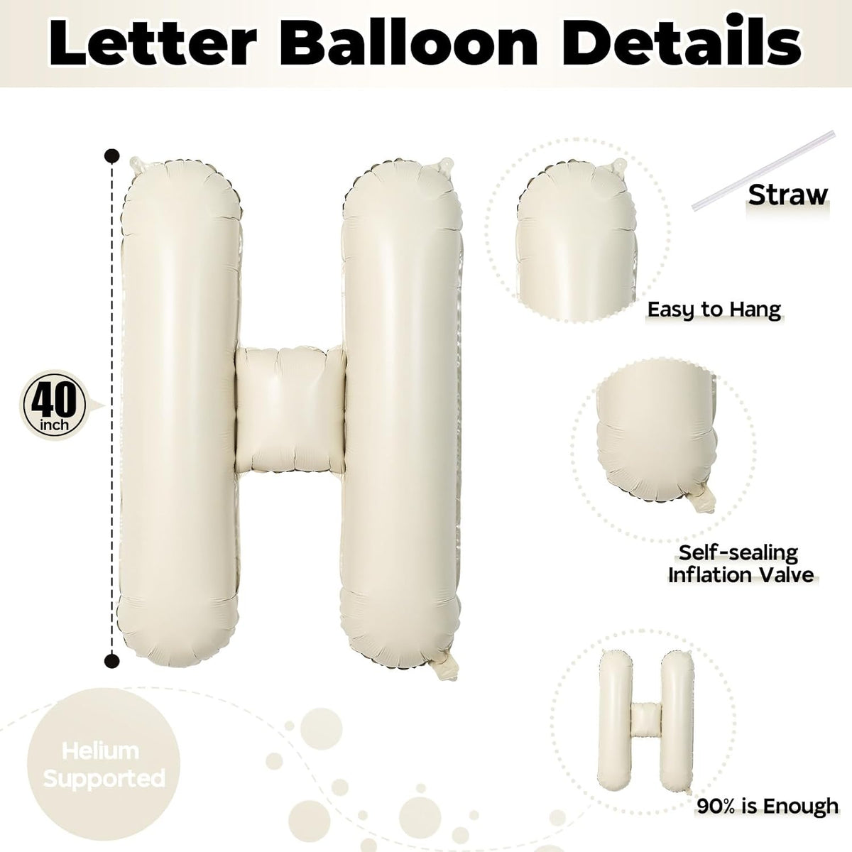 Giant Alphabet H Foil Name Balloons, Cream Ivory White Inflatable Word Balloons H Letters Birthday