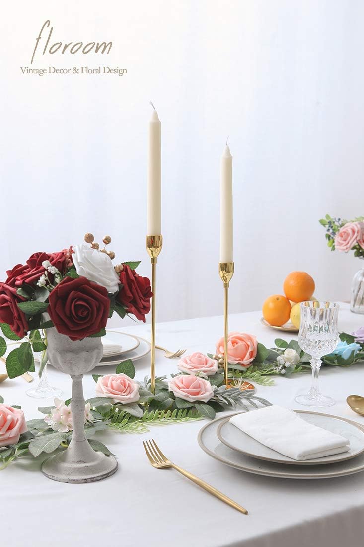 Floroom Artificial Flowers 25pcs Real Looking Blush Foam Fake Roses with Stems for DIY Wedding