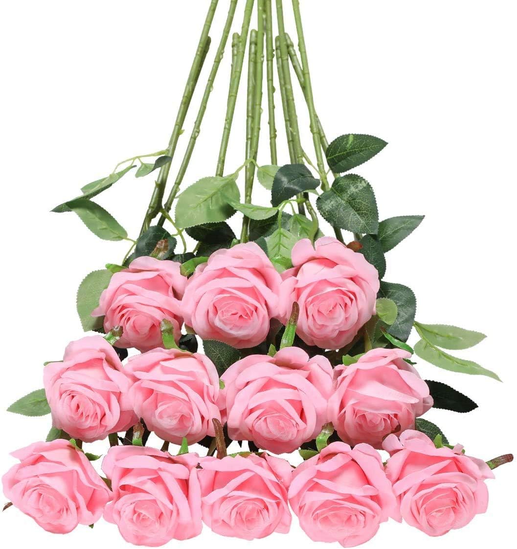 Tifuly Pink Roses Artificial Flowers - 12 pcs Realistic Single Long Stem Fake Silk Roses Bouquet
