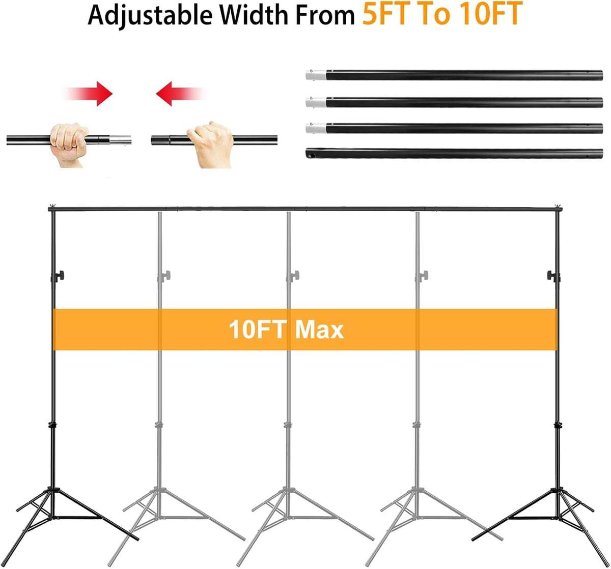 10ft Adjustable Backdrop Stand Kit, Heavy-Duty Photography Background Support System with Clamps &