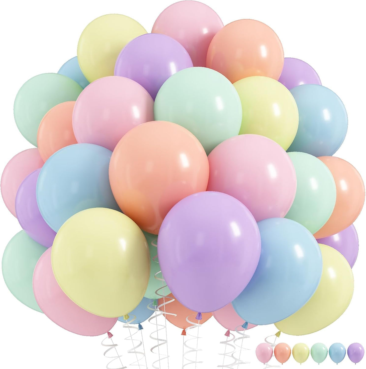 Pastel Rainbow Balloons, 60Pcs Colorful Macaron Pink Orange Yellow Green Blue Purple Balloons