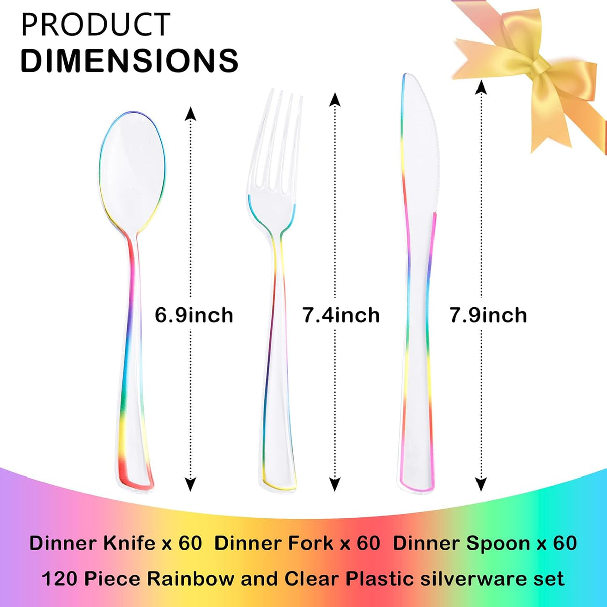 Supernal 120 PCS Clear Plastic Silverware Heavy Duty - Disposable Utensils Rainbow Colorful