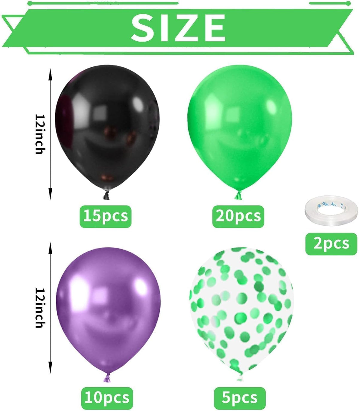 Purple and Green Balloons, 52 PCS 12 Inch Metallic Chrome Purple Light Green Black Latex Balloons