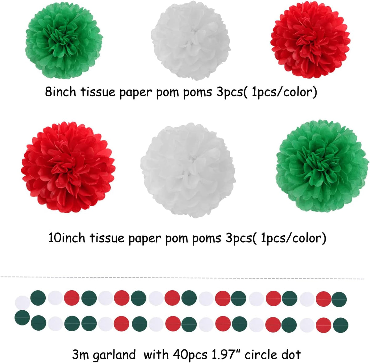 Red-Green White Party-Decorations - 23pcs Mexico Italy Tissue Pom Poms Streamers,Tassel Garland