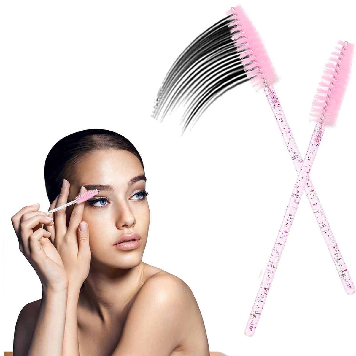 BTYMS 100 Pieces Disposable Lash Wands Eyelash Brushes with Crystal Handle Eyebrow Brushes Spoolies