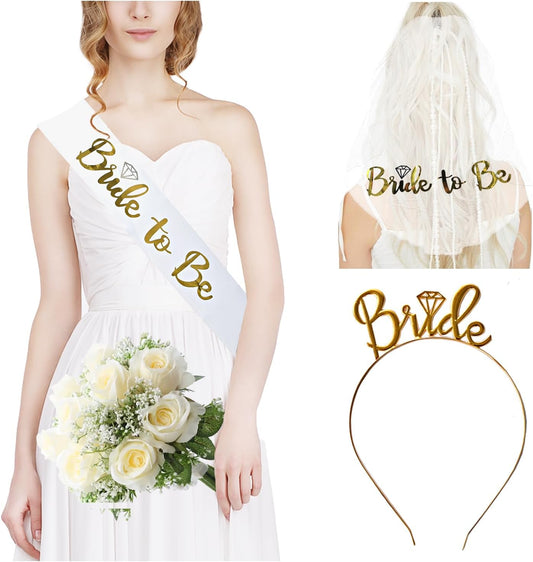 3 Pack Bride to Be Decorations Set, Bride to Be Sash, White Bride Veil, Bride Headband Tiara for