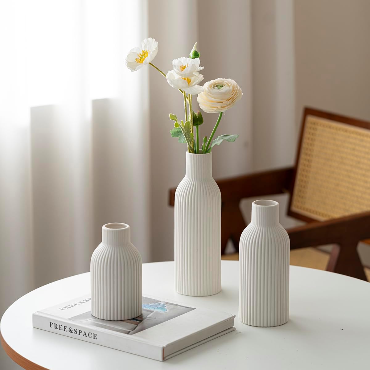 Modern Ceramic Vases Set of 3, White Ribbed Decorative Vases, Shelf Table Centerpiece for Home
