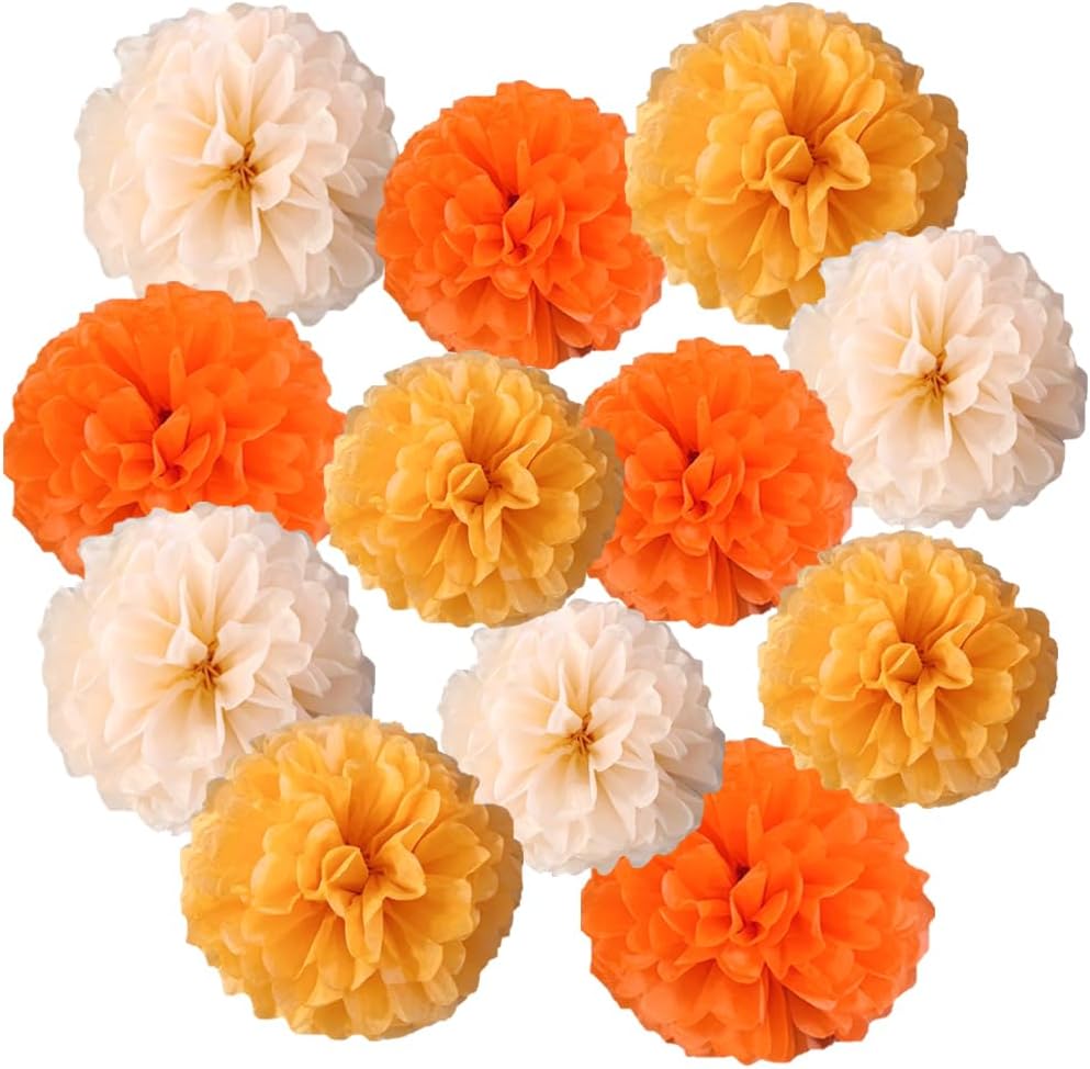 Yangeey 12pcs 10in 12in Orange Paper Pom Poms Tissue Paper Flower Hanging Paper Flower Balls