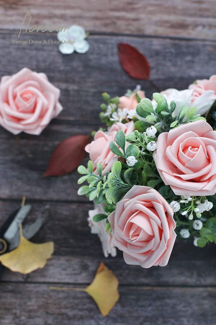 Floroom Artificial Flowers 25pcs Real Looking Shimmer Blush and Peach Foam Fake Roses with Stems