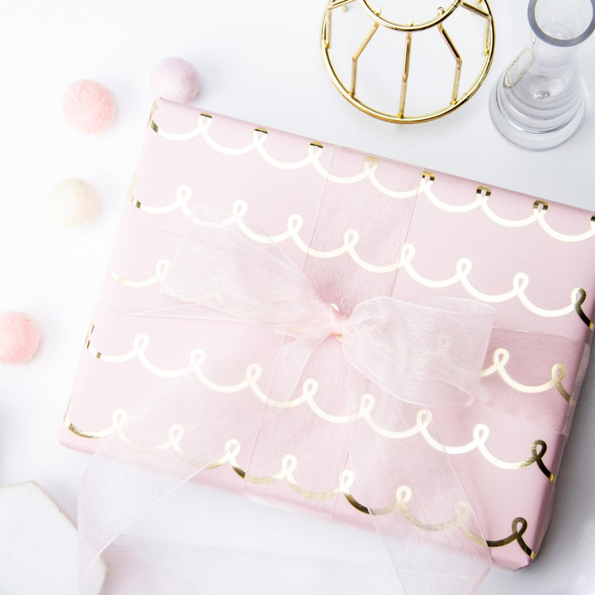 WRAPAHOLIC Pink Wrapping Paper Roll - Mini Roll - 17 Inch x 33 Feet - Metallic Foil Chic Classic