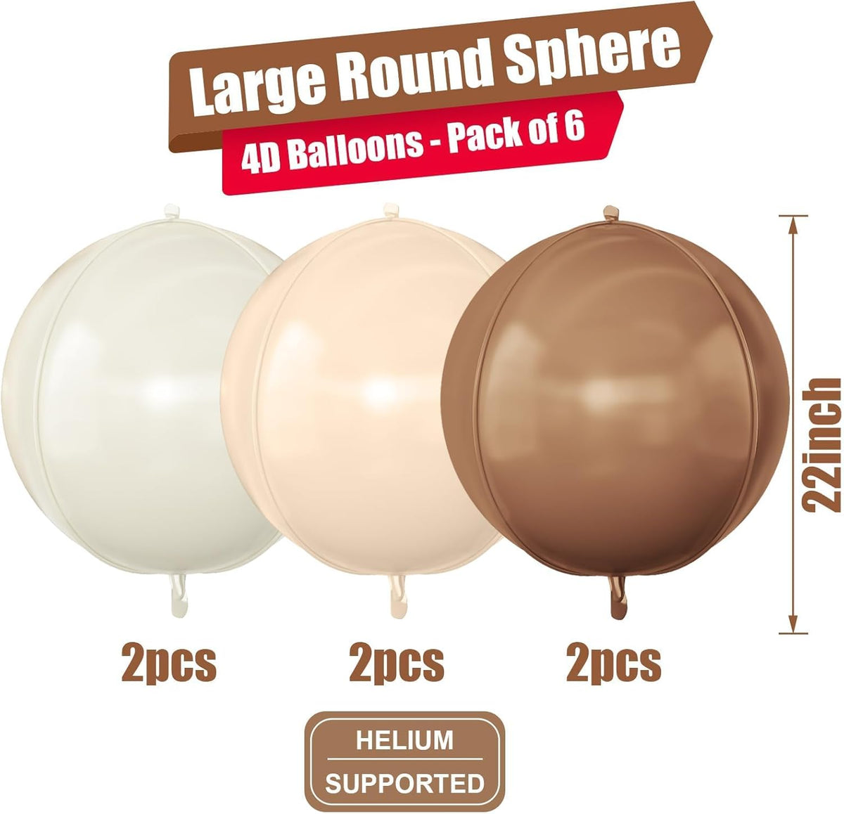 6Pcs Nude Cream Beige Round Foil Balloons, 22inch 4D Apricot Brown Tan Large Ball Balloons, for
