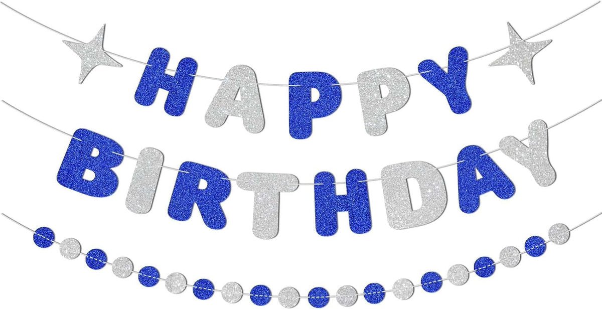 Royal Blue and Silver Happy Birthday Banner-Happy Birthday Decorations for Boys Men,Glitter Garland