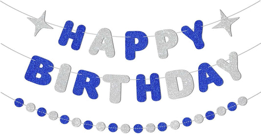 Royal Blue and Silver Happy Birthday Banner-Happy Birthday Decorations for Boys Men,Glitter Garland