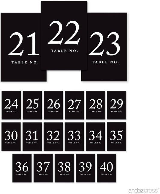 Andaz Press Black 4x6-Inch Minimalist Table Numbers 21-40, 20 Count, Paper, Tabletop Mount, Perfect