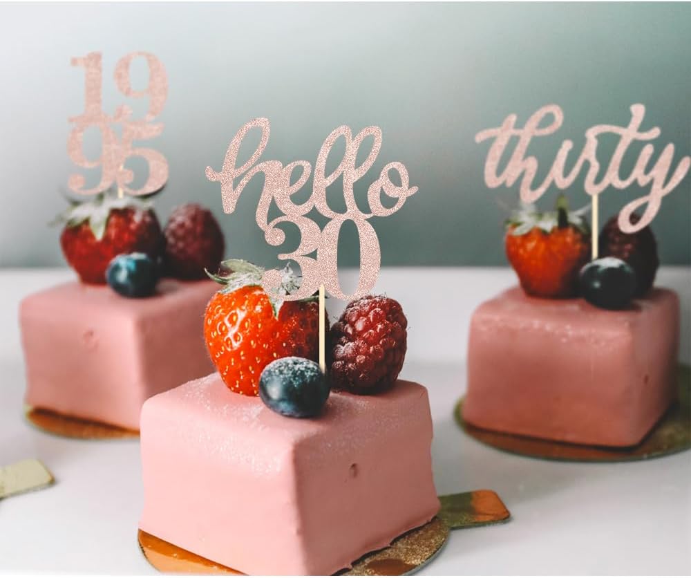 24 Pcs Rose Gold Glitter 30th Birthday Cupcake Toppers for 30th Anniversary Birthday Party Wedding