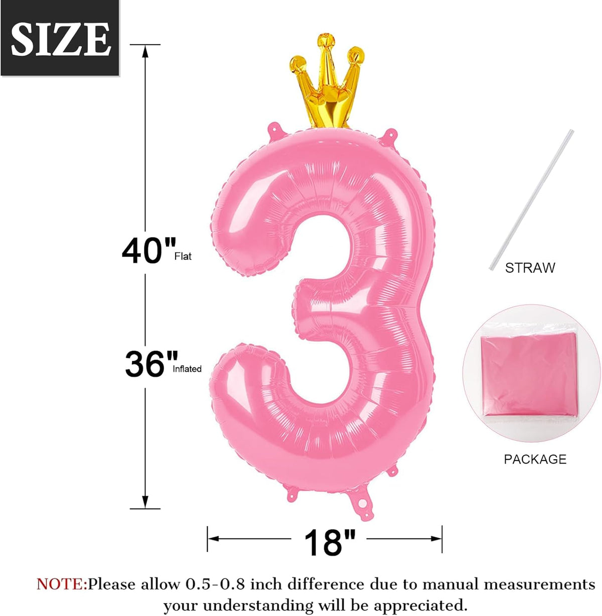 Pink 40 Inch Number Balloon (3) with Crown for Baby Shower, Big Size Foil Helium Balloon for