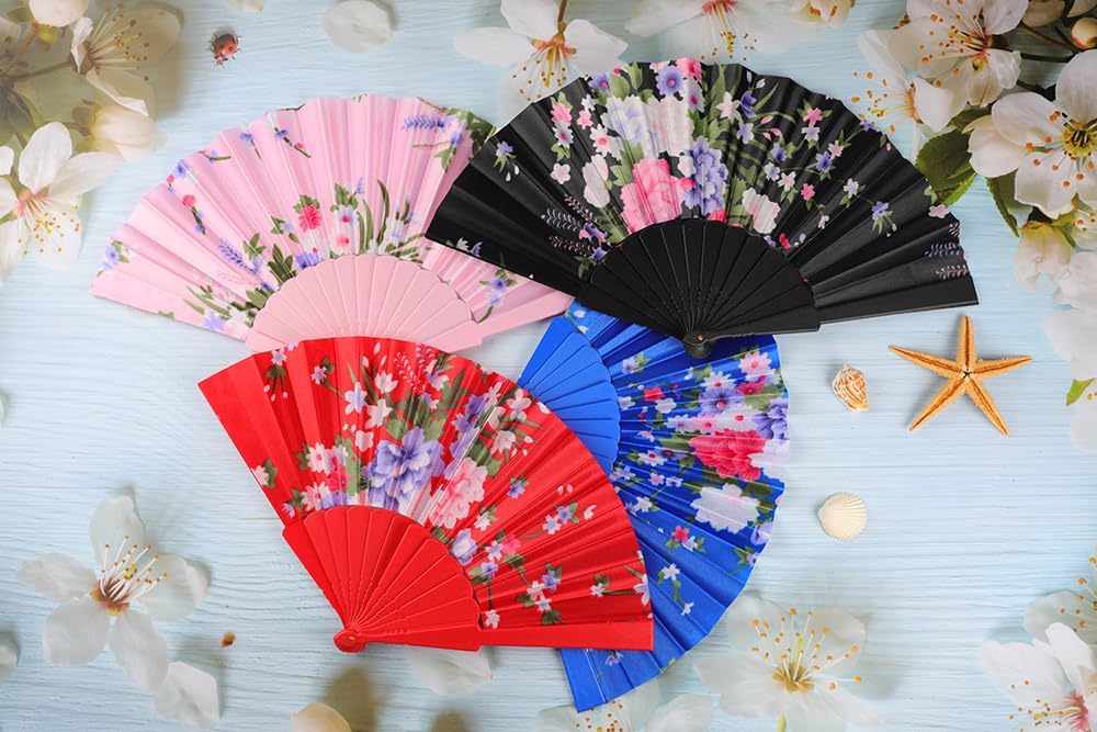 HUNANBANG 1 Dozen Oriental Flowers Japanese Folding Hand Fans Spanish Church Wedding Vintage Gift