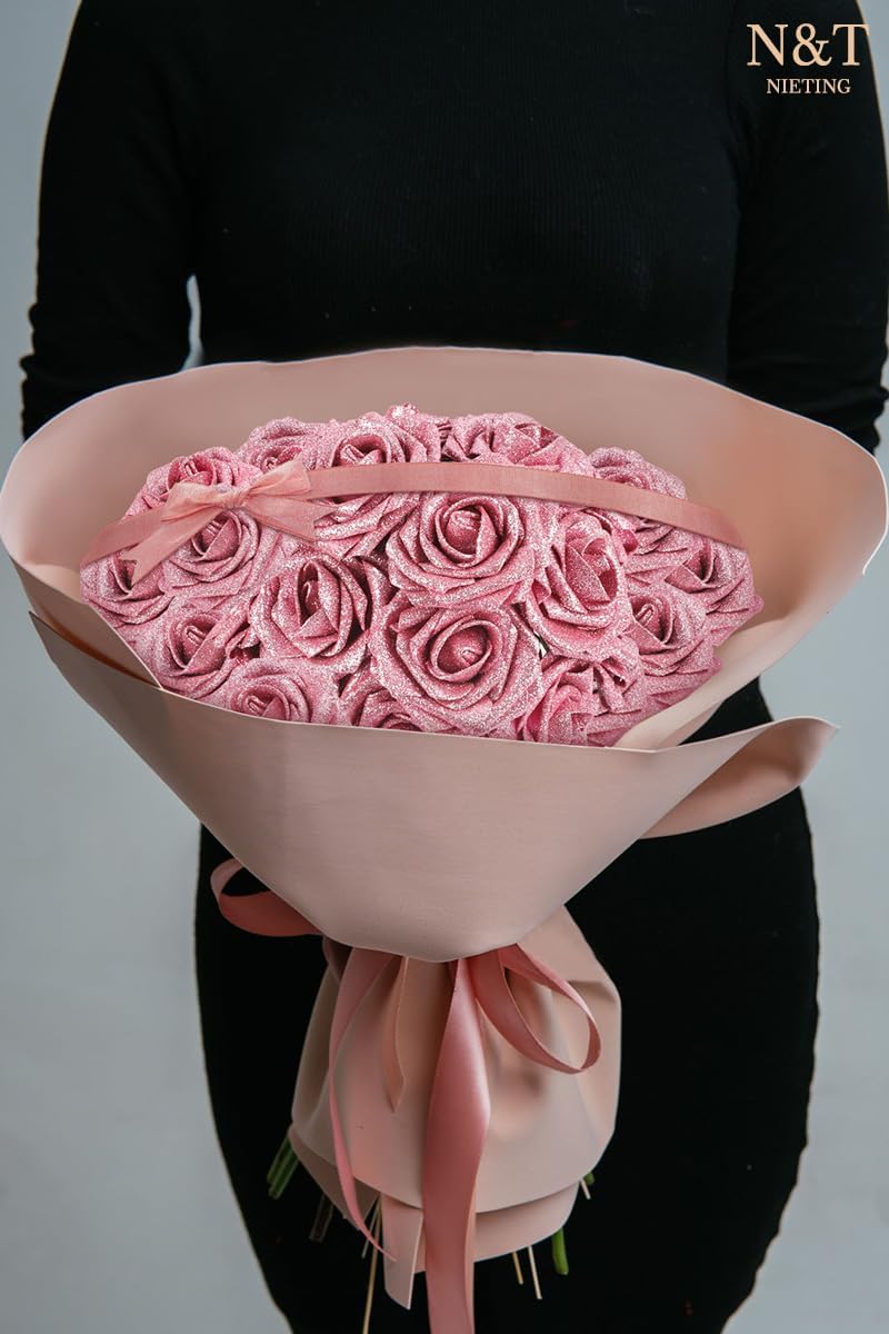 N&T NIETING Artificial Flowers Glowing Dark Pink Flowers Foam 25pcs Glitter Roses Real Looking Fake