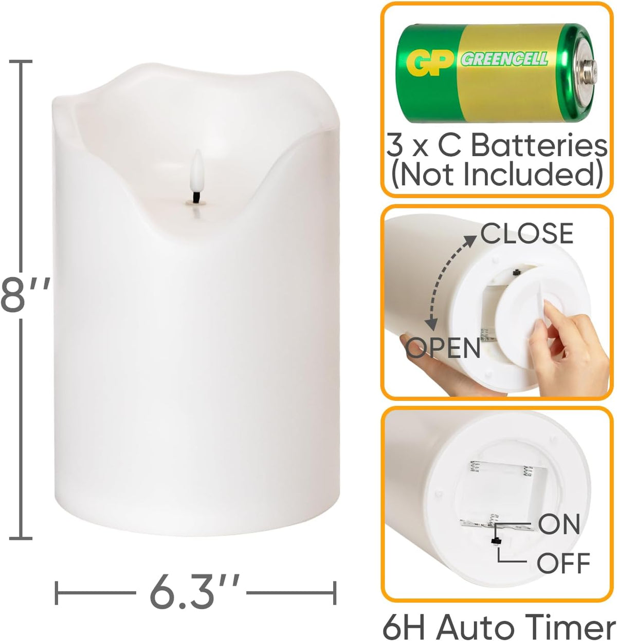 Homemory 6.3" x 8" Extra Large Outdoor Waterproof Candle with Auto 6-Hour Timer, Big Flameless