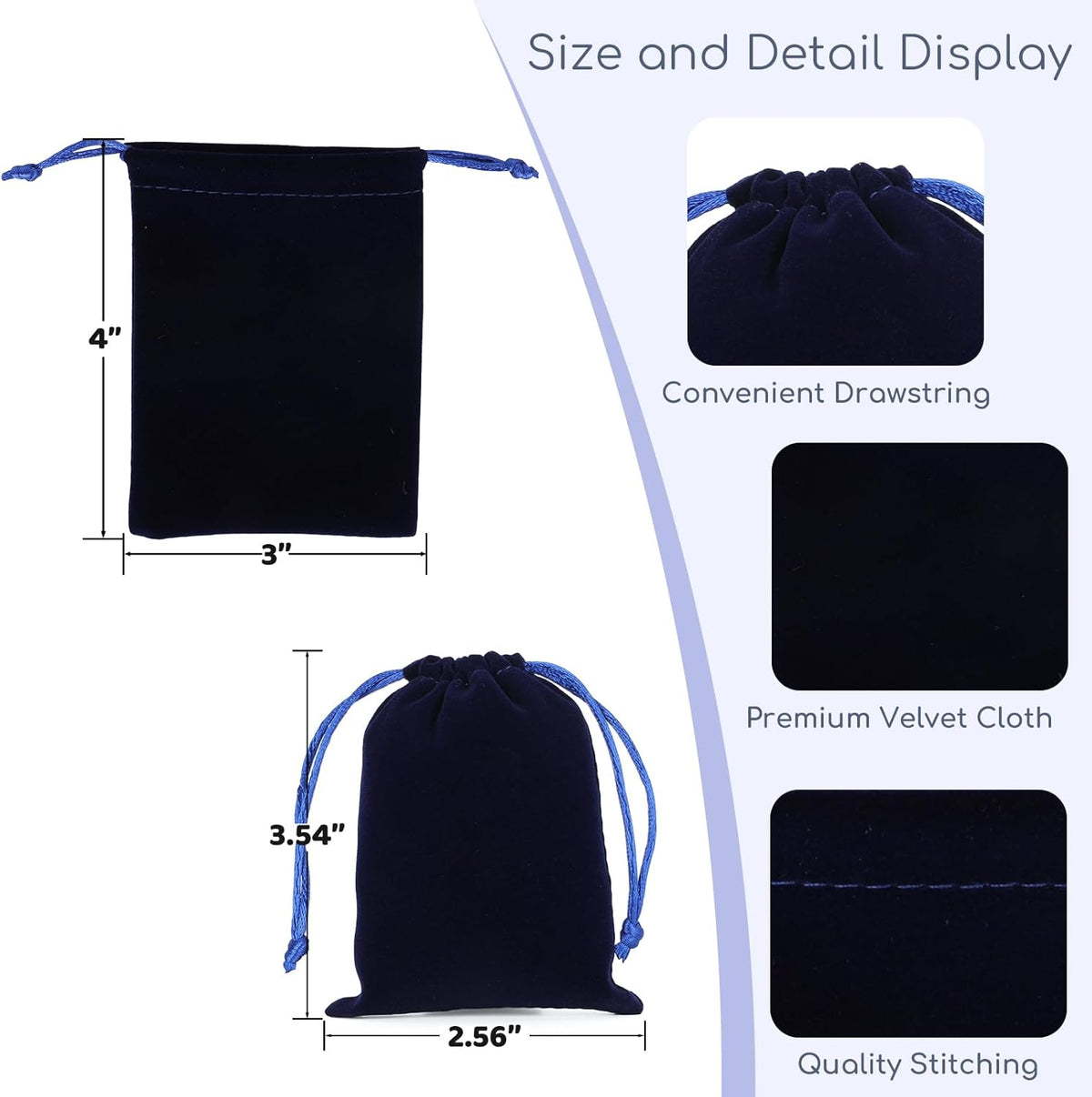 Velvet Drawstring Jewelry Bag, 50Pcs Blue Coin Pouch, 3x4 Dice Bag, for Small Jewelry, Wrapping